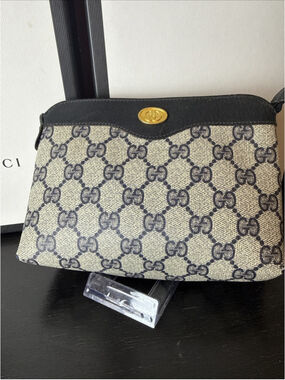 GUCCI VINTAGE GG Supreme Cosmetic Pouch PVC Navy Compact Authentic